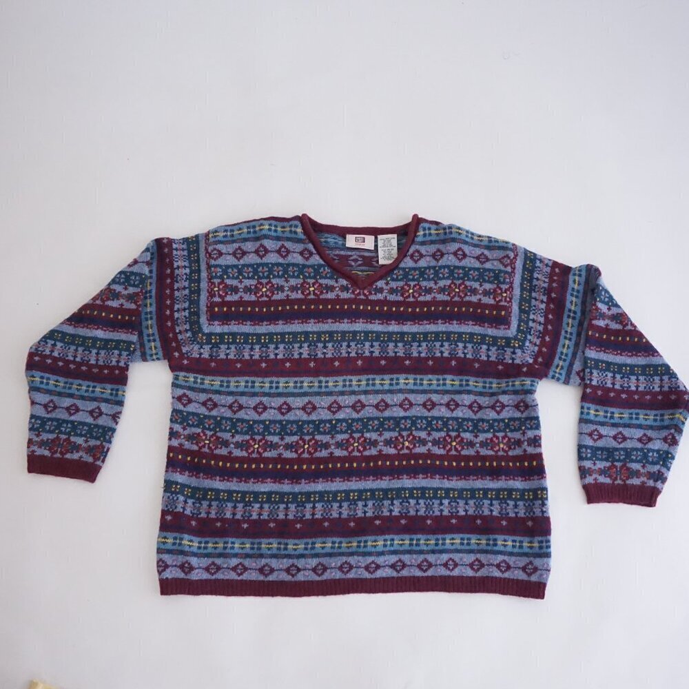 Vintage Faded Glory Burgundy Blue Fair Isle Sweater Cabincore Old Money 18W/20W